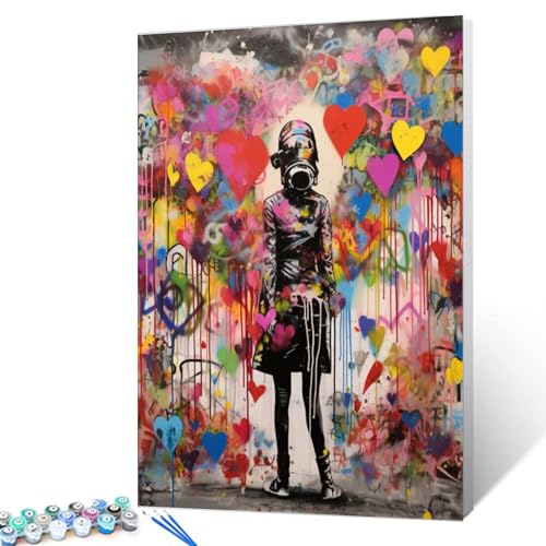 Tucocoo Banksy Farbe nach Zahlen Kits 40x50cm Leinwand Liebe Graffiti Mädchen Herz Wand DIY Ölmalerei für Kinder Studenten Erwachsene Anfänger mit Pinsel Acrylpigment (DIY Rahmen) von Tucocoo