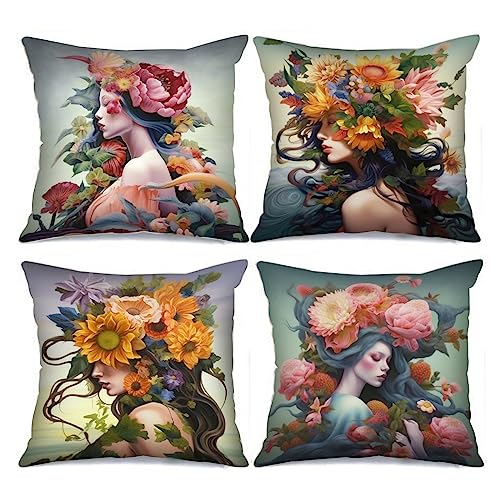 Tucocoo Mädchen Bild Blume Kissenbezüge Schöne Kissenbezüge Dekorative 45,7 x 45,7 cm Set mit 4 bunten Stil Kunst Kissenbezüge rot weiß Blume Frauen Wurfkissenbezüge für Couch Sofa Wohnzimmer von Tucocoo