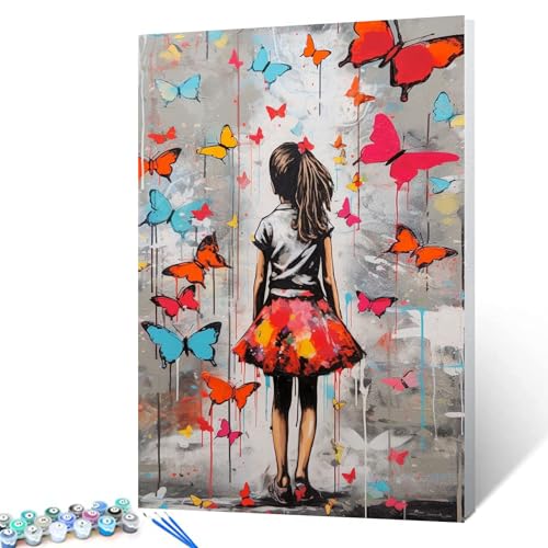 Tucocoo Malen nach Zahlen, Bunte Schmetterlinge, 40 x 50 cm, Leinwand, Graffiti-Ölgemälde für Erwachsene, mit Pinseln und Acrylpigment, Banksy Girl Street Art Bild für Heimdekoration (ohne Rahmen) von Tucocoo