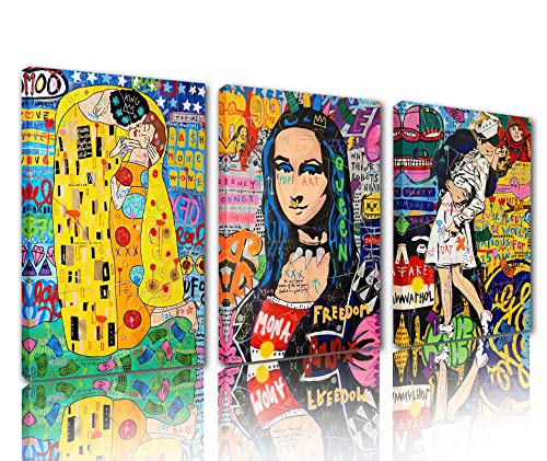Tucocoo Moderne Wandkunst, Banksy Graffiti, klassische Bilder, romantisch bunt Straßen-Pop-Gemälde 3-teilige Leinwand, moderne Kunstwerke, Wohnkultur für Wohnzimmer Holzrahmen fertig zum Aufhängen von Tucocoo