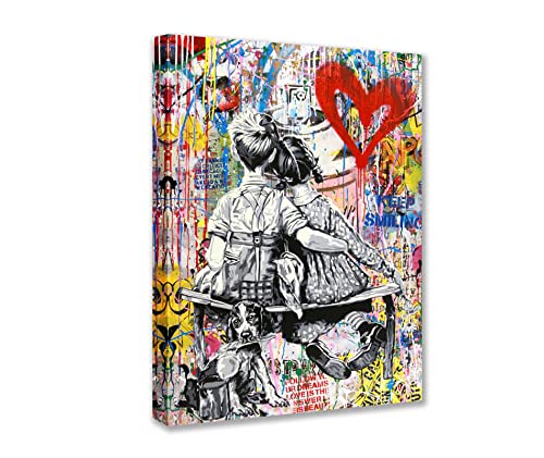 Tucocoo Straßenkunst-Leinwandgemälde Graffiti Banksy Wandkunst abstrakte kleine Junge und Mädchen Bilder moderne Kunstwerke Heimdekoration für Wohnzimmer Schlafzimmer Büro gerahmt fertig zum Aufhängen von Tucocoo