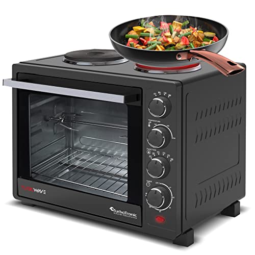 Turbotronic/Minibackofen mit Umluft und Kochplatten / 35l / schwarz / 3200W, Mini Backofen mit Timer, Pizzaofen, Drehspieß, Backblech, Innenbeleuchtung von TurboTronic By Z-LINE