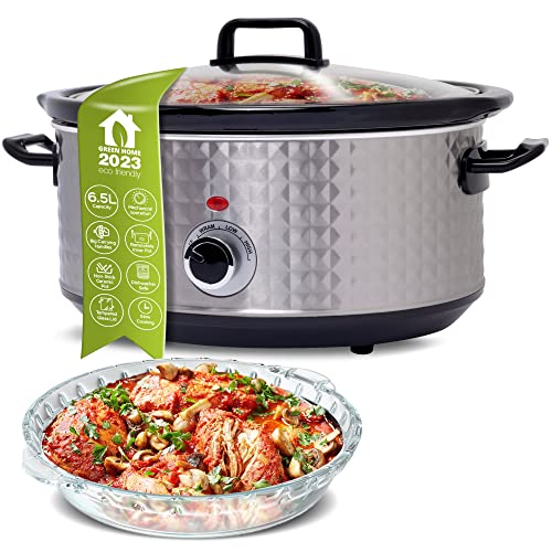 TurboTronic Slow Cooker 6,5L, silber Edelstahl, Schongarer mit Warmhaltefunktion, Dampfgarer, Schmortopf, Gartopf, Sous Vide Garer, retro Rautenmuster von TurboTronic By Z-LINE