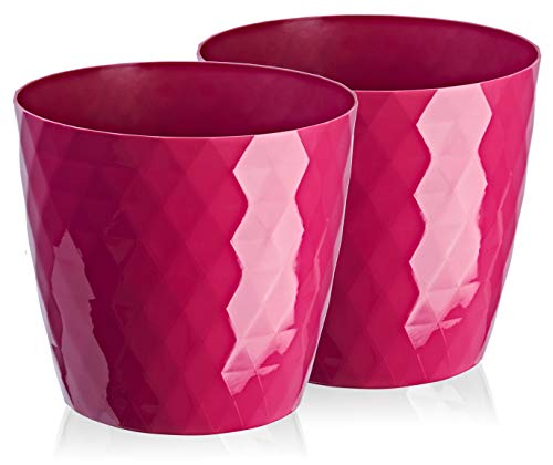 Tymar Blumentopf, 2er-Pack, glänzender, Leichter, dekorativer Pflanzentopf aus Kunststoff, Moderne, Runde Form, für Innenräume,Pflanzkübel (12 cm, Rosa) von Tymar