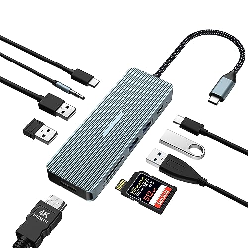 10 in 1 USB C Hub, Tymyp Adapter Hub mit 4K HDMI, 2 x USB 3.0, USB-C 3.0 Datenübertragung, 2 x USB 2.0, 100W PD, SD/TF, 3,5 mm Audio-Buchse für Laptops, iPad von Tymyp