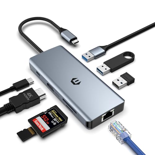 Tymyp USB-C-Hub, 8-in-1-USB-C-Adapter, Dual-Display, 4K-HDMI, USB-C-Dock für Mac Pro/Air (Gigabit Ethernet, USB 2.0, 5 Gbit/s USB 3.0, PD 100 W, SD/TF-Leser) für Dell, Surface, HP, Lenovo von Tymyp