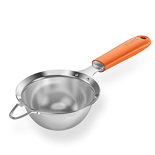 18/8 Edelstahl-Sieb: U-Taste Kitchen Metall Feinmaschiges Sieb mit genietetem stabilem Silikongriff und 30 Mesh Loch zum Sieben von Mehl, Quinoa und Nudeln (Orange, 9.9 cm) von U-Taste