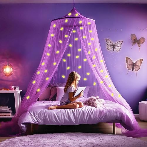 Lila Betthimmel mit vorgeklebten leuchtenden Einhörner - Violett Prinzessinen Moskitonetz für Mädchen Zimmerdekoration - Himmelbett Vorhänge für Kinder und Baby Bett von UB-STORE