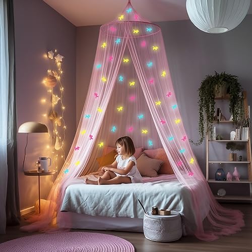 UB-STORE Rosa Betthimmel mit vorgeklebten leuchtenden Einhörner - Prinzessinen Moskitonetz für Mädchen Zimmerdekoration - Himmelbett Vorhänge für Kinder und Baby Bett von UB-STORE