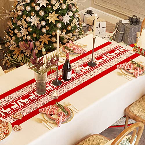 Weihnachten Tischläufer Rot Leinen Klassisch, Lang Rot Weihnachtsläufer, Weihnachtstischdecke 270x28cm mit Weihnachtsren, Waschbar, Festliche Tischdekoration Weihnachten - Rot von UBRAVE