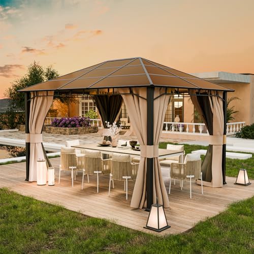 UDPATIO 3x4 m Pavillon Polycarbonat mit Vorhängen und Netz, Aluminium-Gartenpavillon wasserdicht stabil Winterfest UV-Schutz 8x8 cm starken Pfosten für Garten, Terrasse, Champagner von UDPATIO