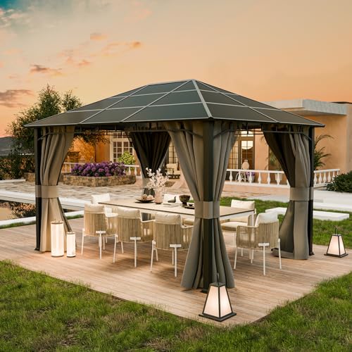 UDPATIO 3x4 m Pavillon Polycarbonat mit Vorhängen und Netz, Aluminium-Gartenpavillon wasserdicht stabil Winterfest UV-Schutz 8x8 cm starken Pfosten für Garten, Terrasse, Grau von UDPATIO