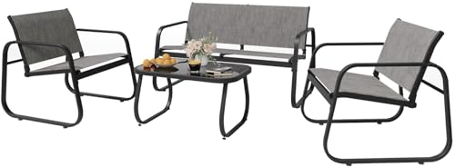 UDPATIO Gartenmöbel Set, Balkonmöbel Set 4 Personen, Garten Sitzgruppe mit Tisch, Sofa und 2 Sesseln, Wetterfest, Kleine Gartenmöbel Outdoor für Balkone, Terrassen, Innenhöfe, Grau von UDPATIO