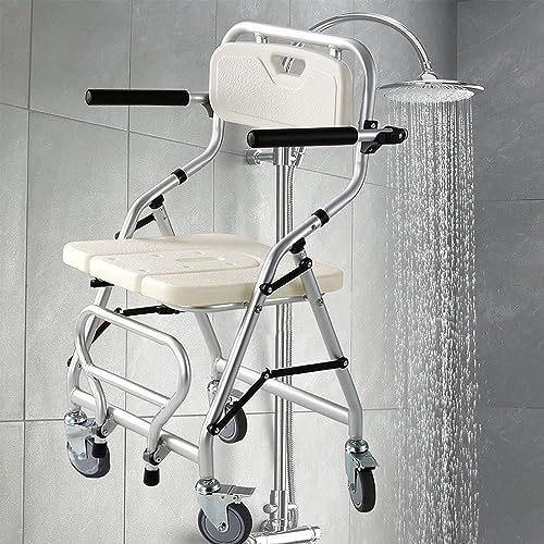 Duschstuhl für ältere Menschen, Duschhocker mit abnehmbaren Transportradbremsen und Rückenlehne, Badestuhl aus Aluminiumlegierung, maximale Belastung 120 kg von UE-MAOLU