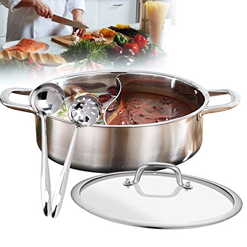 Hot Pot Shabu Topf mit doppelseitiger Trennwand, Edelstahl Suppentopf Kochgeschirr mit Löffel Küche Kochwerkzeug (28CM) von UESUENYENS