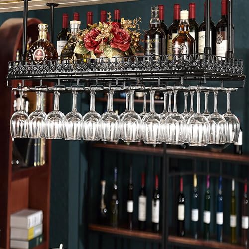 UESUENYENS Weinregal, hängendes Regal aus Metall, höhenverstellbar, Halterung für Weinglas, 48 Tassen Gläser, Weinglashalter, hängend an der Decke Deko 35 x 120 cm (Schwarz) von UESUENYENS