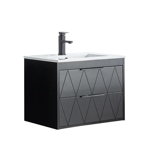 UEV Waschtisch mit Unterschrank, Waschbeckenunterschrank, Hängender Badezimmerschrank mit Waschbecken aus Keramik, 60 cm, Waschbecken mit 2 Schubladen, modern, Soft-Close, schwarz von UEV