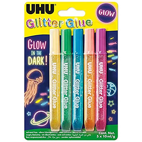 UHU Glitter Glue Glow in the Dark, Klebstoff mit Glitzerpartikel und "Glow in the Dark" Effekt (leuchtet im Dunkeln), 5 x 10 ml von UHU