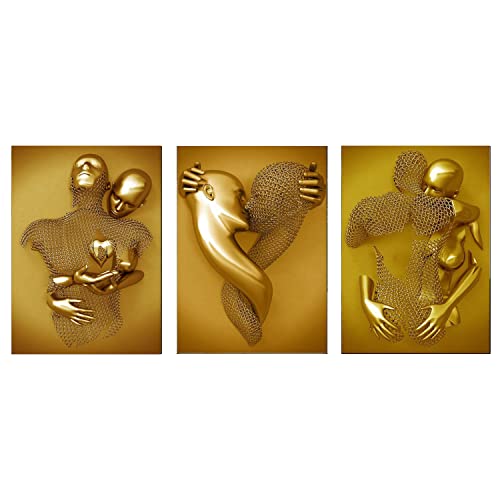 UIGJIOG Grau Bild Leinwand Kunst Wand 3er, Liebesherz 3D Effekt, Paare, Metallkunst Set, abstrakte Metallfigur Skulptur Deko,Gold,40x50cmx3 No Frame von UIGJIOG