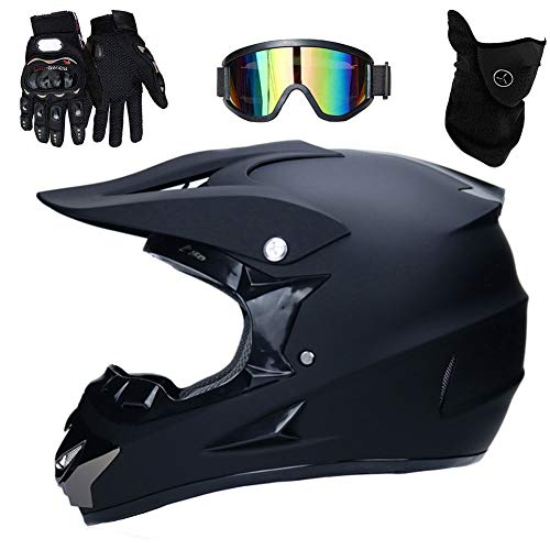 UIGJIOG Motocross Helm Set (4 Stück/Mattschwarz) Cross Helm Mit Handschuhe Brille Maske, Kinder Helm Vier Jahreszeiten Unisex/DOT Genehmigt,A,S(52~53cm) von UIGJIOG