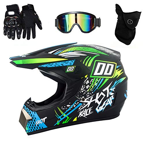 UIGJIOG Motocross Helm mit Brillen Maske Handschuhe, Herren Damen Motorrad-Helm Off-Road Downhill-Enduro-Helm-ATV-MTB-BMX Dirt Bikes Quad Motorräder Full-Face Schutz-Helm,L,L(56~57cm) von UIGJIOG