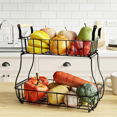 UMDONX 2-Stöckiger Obstkorb, Obst Etagere, Obstschale, Obstständer, Gemüseaufbewahrungsregal, Snackaufbewahrungsregal Für Küchenarbeitsplatten, Wohnzimmer (Schwarz) von UMDONX