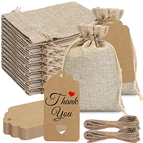 UMILKI 30 Pcs Jutesäckchen Klein Set，10 * 5cm Säckchen Kordelzug mit 30 Blank Karten 20m Hanfseil，Jute Geschenktüten Schmuckbeutel Leinen für DIY Handwerk Hochzeit Party Thanksgiving Geburtstag von UMILKI