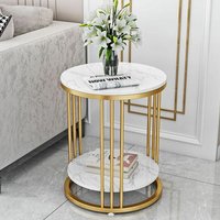 Couchtisch Marmor Optik Beistelltisch Rund Sofatisch Nachttisch Telefontisch Blumentisch mit 2 Ablagen und Gold Metallgestell von UNHO