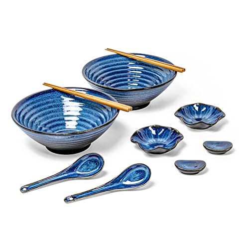 Ramen Schüssel Set, Keramik Ramen Bowl Set mit 2X Schüssel, Essstäbchen, Keramiklöffel, Essstäbchenablage, Traditionell Japanisches Geschirr Set, Blue von UNICASA