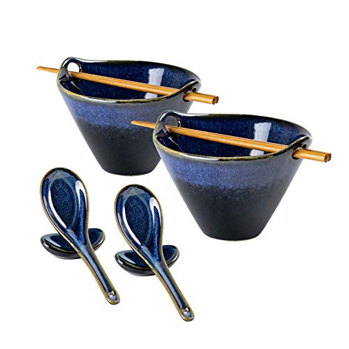 Ramen Nudel Suppenschalen, 2 Sätze Keramik Ramen Schüssel Mit Essstäbchen, Löffel und Löffelruhe, Japanisches Geschirr Snackschale Bowl Set für Asiatische Nudeln - 2 X 600 ml, Blau von UNICASA