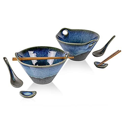 Keramik Ramen Schüssel, Ramen Nudel Suppenschalen Mit Essstäbchen, Löffel und Löffelruhe, Japanisches Geschirr Ramen Bowl Schüssel Set für Asiatische Lebensmittel Nudeln - 2 Sätze x 780 ml von UNICASA