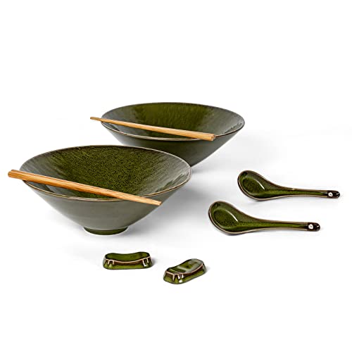 UNICASA Japanischer Ramen Schüssel aus Keramik, 2 Stück 1100 ml Pastaschüsseln Suppenschalen Salatschüsseln mit Löffel und Essstäbchen, Grün von UNICASA