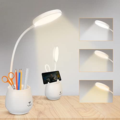 URAQT Schreibtischlampe, LED Tischlampe mit Touch-Schalter und Stifthalter, Dimmbare Augenschutz Leselampe, USB Wiederaufladbare Dimmbare Nachttischlampe für Lesen Studieren von URAQT