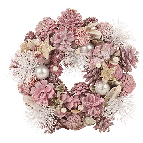 URBNLIVING Künstlicher Weihnachtskranz, Harzmaterial, Tannenzapfen, Blätter, Beeren, Weihnachten, für drinnen und draußen, Ornament, 24–34 cm, mehrere Farben (Rosa, 34 cm) von URBNLIVING