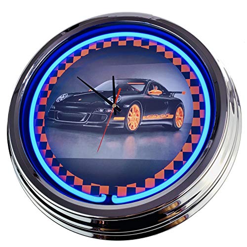 Neon Clock Porsche GT3 WallClock Deko-Clock LeuchtClock USA 50's Style Retro NeonClock Dining Room Kitchen Living Room Office (Blue) von US-Way e.K.