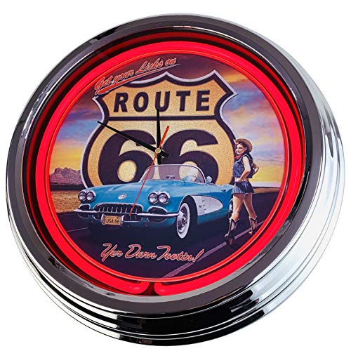 Neon Clock Route 66" WallClock Deko-Clock LeuchtClock USA 50's Style Retro NeonClock Dining Room Kitchen Living Room Office (Red) von US-Way e.K.