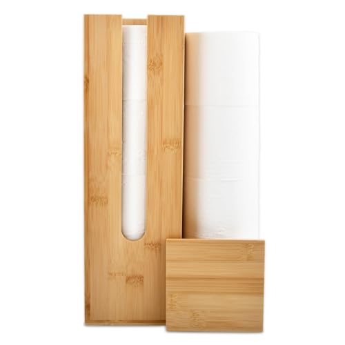 USENG Bambus Toilettenpapierhalter für 4 Rollen mit Deckel,Toilettenpapier Aufbewahrung Holz Klopapierhalter Stehend Klorollenhalter WC Papier Ersatzrollenhalter,Toilettenschrank für Kleinen Raum von USENG