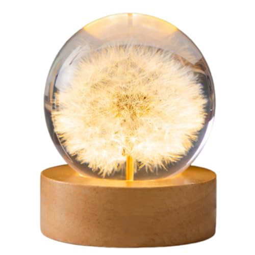 USMEI 3D Blumen Kristallkugel Lampe, Pusteblume im Glas, 6cm Glaskugel mit Licht, Glaskugel-Nachtlampe mit Holzsocke, Geschenke für Frauen, Kinder, Mädchen, Valentinstagsgeschenk von USMEI