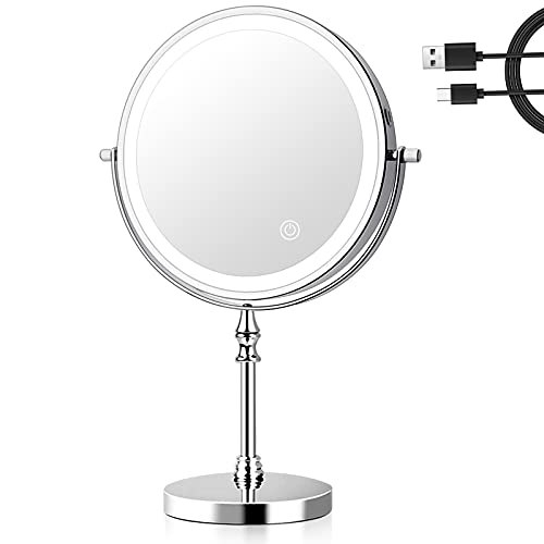 UUCOLOR Kosmetikspiegel 1X/10X Vergrößerung mit LED Beleuchtetung, 3 Farben Dimmbarer Tischspiegel mit Touchschalter USB Aufladen, Schminkspiegel 360° Drehbar für Zuhause von UUCOLOR