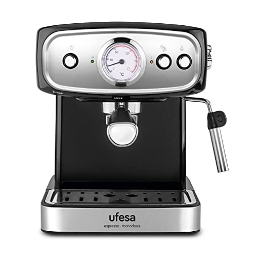 Ufesa CE7244 Brescia Espresso- und Cappuccino-Kaffeemaschine, Einstellbarer Dampfgarer, 20 Bars, 2 Modi: Gemahlener Kaffee oder Pads, 1.5L Tank, Tassenwärmfunktion, 850W von UFESA
