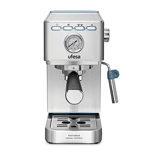 Ufesa CE8030 Milazzo Expresso- und Cappuccino-Kaffeemaschine mit Manometer, 20 Bars, 1350W, Thermoblock-System, Einstellbarer Dampfgarer, 2 Modi: Gemahlener Kaffee oder Pad, 1.4L Tank, 1 oder 2 Kaffee von UFESA