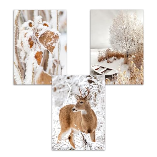 Uixxducc 3er Poster Set Moderne Winter Schneelandschaft Elch Eichhörnchen und Haus Wandbilder Bilder,Boho Beige Bilder Set für Wohnzimmer Schlafzimmer Büro Flur Wanddeko Kunst,Ohne Rahmen (A,40x50cm) von Uixxducc