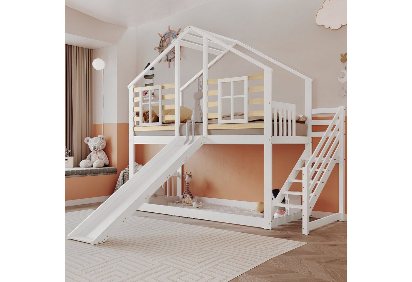 Ulife Etagenbett Doppelbett Kinderbett Hausbett mit Rutsche und Treppe, Blockhaus Kinderbett mit Absturzsicherung und Fenster,90x200 cm von Ulife