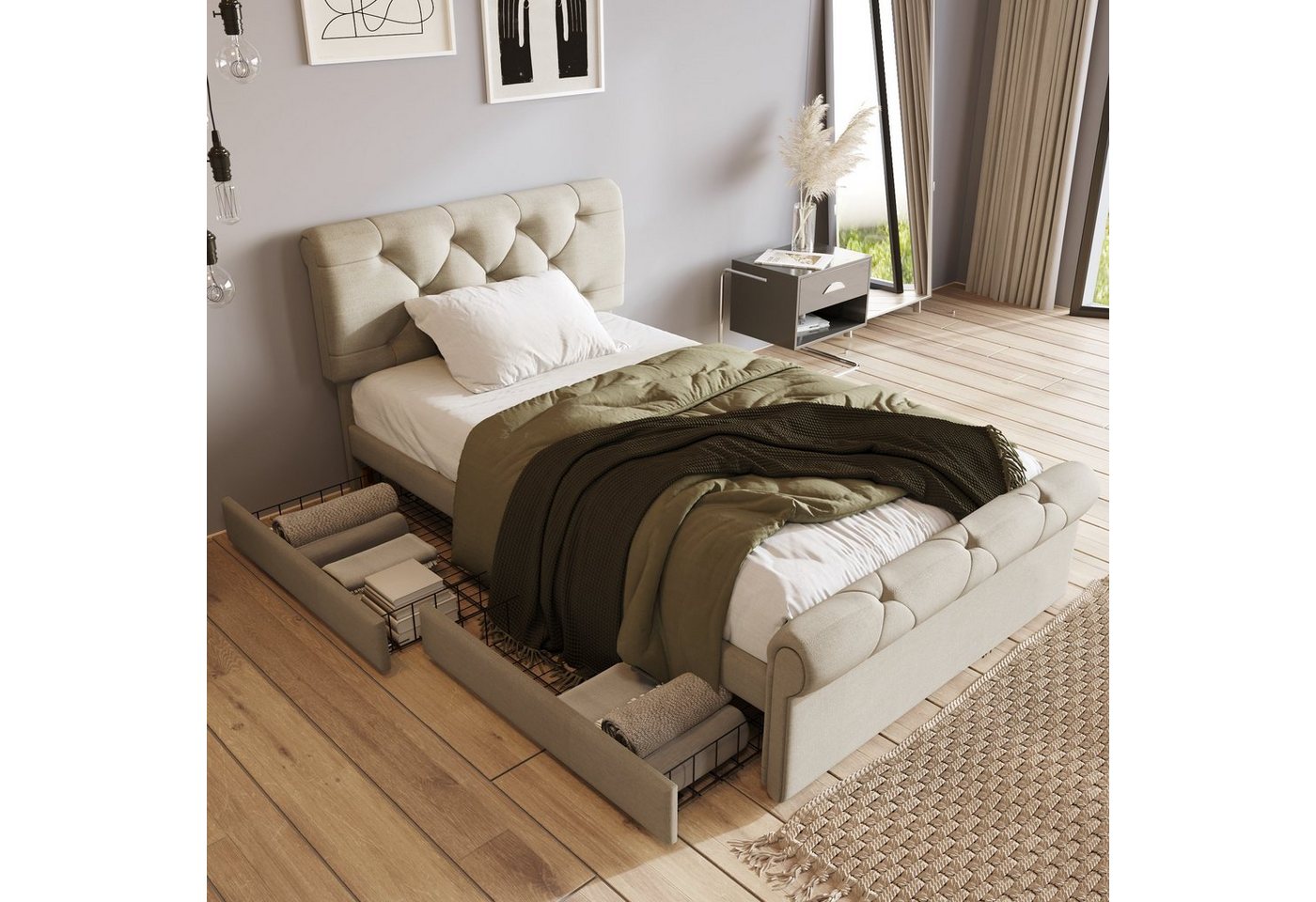 Ulife Polsterbett Beige Einzelbett mit Schubladen Höhenverstellbarem Kopfteil, 90 ×200cm von Ulife