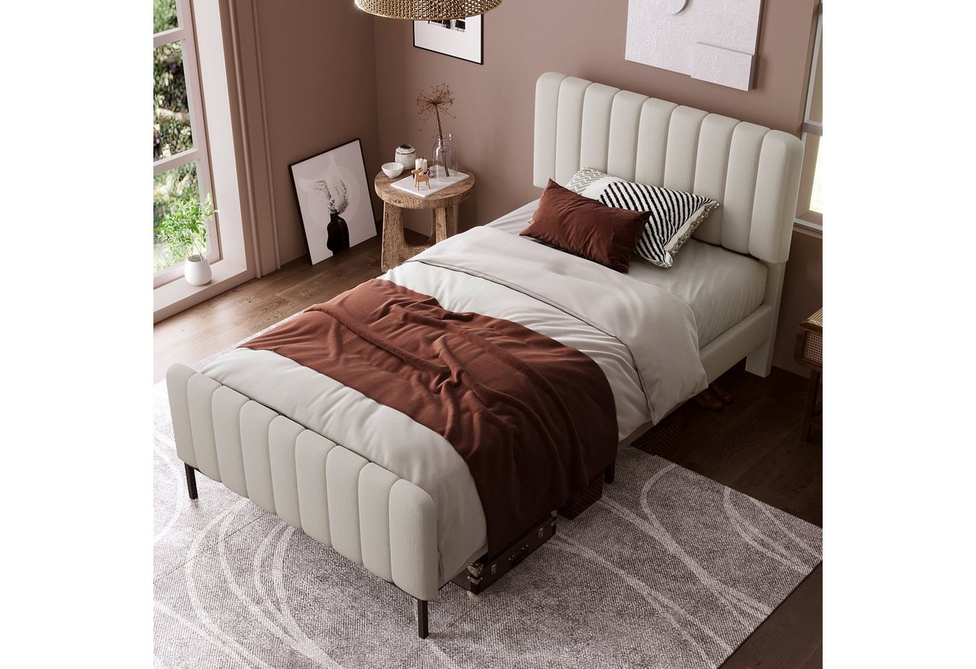 Ulife Polsterbett beige Doppel- und Einzelbett mit Lattenrost, Leinenbezug (Packung, 1 Bett), mit verstellbarem Kopfteil von Ulife