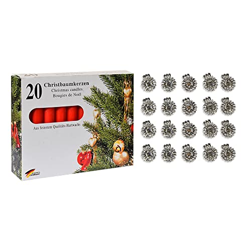 10210253SR - Baumkerzen-Set 40-teilig, 20 silberne Baumkerzenhalter 15 mm und 20 rote Kerzen 13 x 10 mm, Weihnachtsbaum, Advent von Diverse