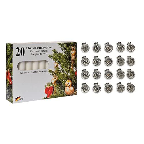 10210253SW - Baumkerzen-Set 40-teilig, 20 silberne Baumkerzenhalter 15 mm und 20 weiße Kerzen 13 x 10 mm, Weihnachtsbaum, Advent von Diverse
