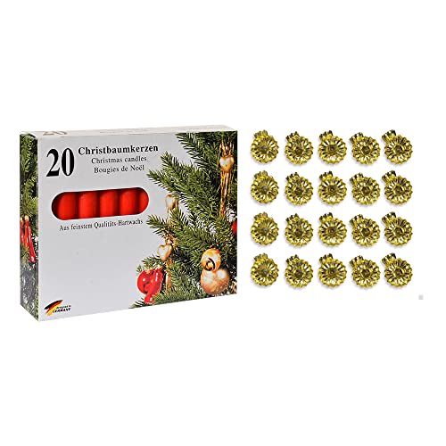 10210254GR - Baumkerzen-Set 40-teilig, 20 goldene Baumkerzenhalter 15 mm und 20 rote Kerzen 13 x 10 mm, Weihnachtsbaum, Advent von Diverse