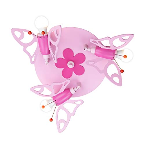 Elobra Deckenlampe Kinderzimmer 'Schmetterling' | hochwertige Kinderzimmerlampe für Mädchen aus Echtholz, rosa Prinzessin Lampe mit Blumenmuster, 30 x 30 x 20cm, Rosa Pink von Elobra