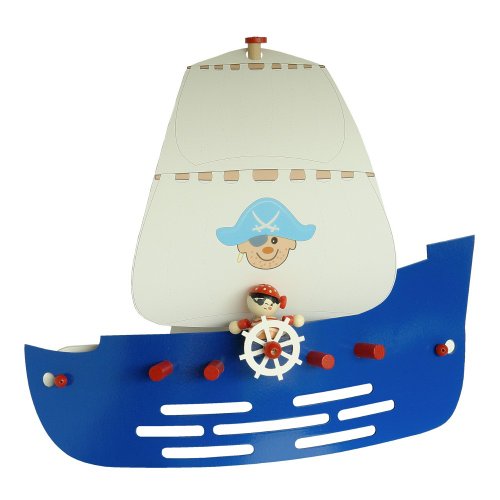 Elobra Wandlampe Piratenschiff Kinderzimmer Holzlampe Kinderlampe, Dunkelblau, Blau mit Segeln, Piraten und E27 Fassung für Jungen von Elobra